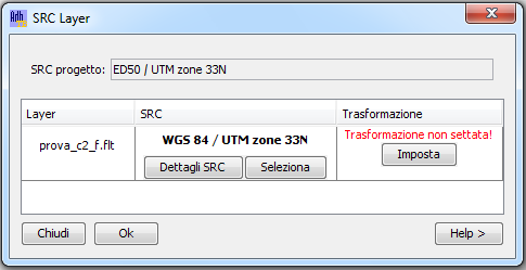 Trasformazione non necessaria : i sistemi di riferimento hanno lo stesso datum, non è necessario impostare la trasformazione e il pulsante Imposta risulta disabilitato; Trasformazione non settata : i