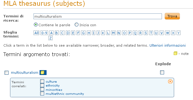 Ricerca avanzata. Thesaurus Il thesaurus è il vocabolario controllato dei termini di soggetto utilizzati in un database.