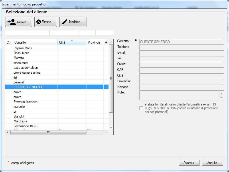 progetti ] È quindi richiesto il cliente da associare, che può essere: Un nuovo cliente, cliccando su Nuovo e quindi
