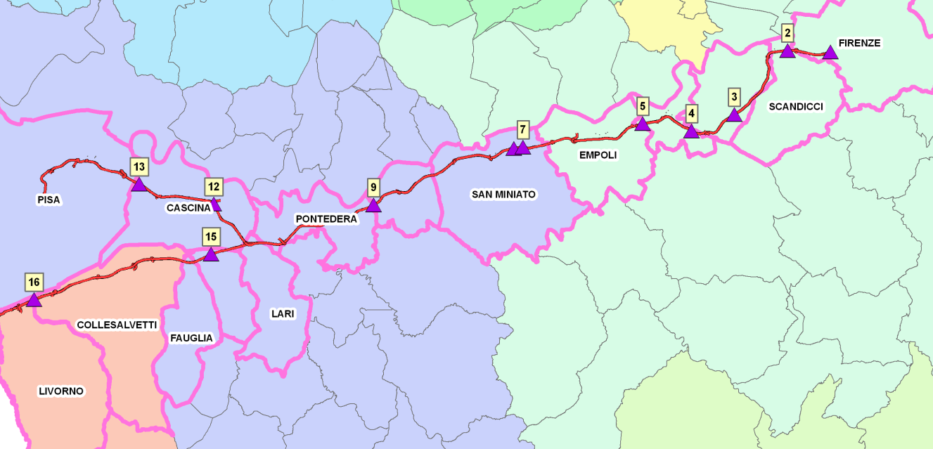 Tratto Sezione Km Comune Provincia Firenze ITINERE 2 3,8 Scandicci Firenze Lastra a Signa ITITNERE 3 12 Lastra a Signa Firenze San Miniato ITINERE 7 32 San Miniato Pisa Pontedera ITINERE 9 46,5