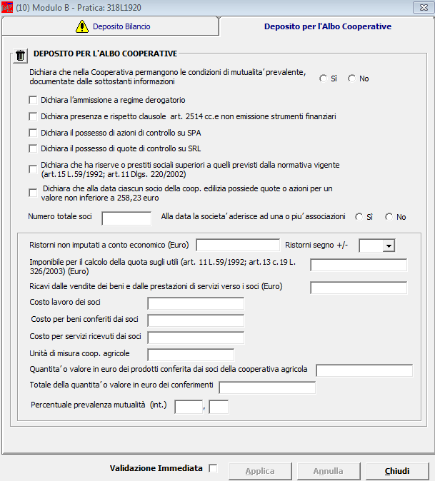 Una volta fatto il doppio click sul modello (B) Deposito Bilanci/Elenco Soci per aprire la maschera relativa ai dati di bilancio, troverete anche la scheda suddetta.