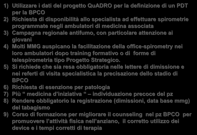 PROPOSTE 1) Utilizzare i dati del progetto QuADRO per la definizione di un PDT per la BPCO 2) Richiesta di disponibilità allo specialista ad effettuare spirometrie programmate negli ambulatori di