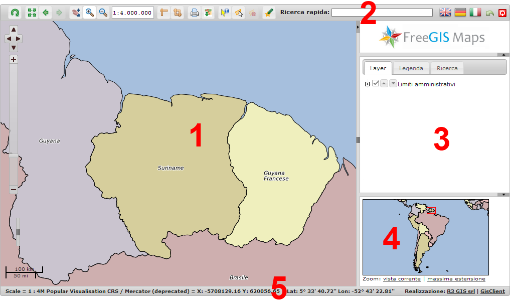 1. Interfaccia di mappa L interfaccia di mappa è costituita da 5 elementi: 1. La mappa vera e propria 2. La barra degli strumenti 3. I tab dei contenuti 4. La reference map 5.