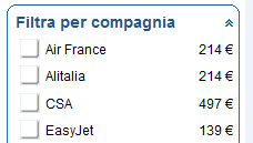 Voli, i filtri per facilitare la ricerca: Per una ricerca più mirata, sono stati creati dei filtri che, combinabili tra loro, permettono di: Individuare il prezzo massimo che si è disposti a pagare