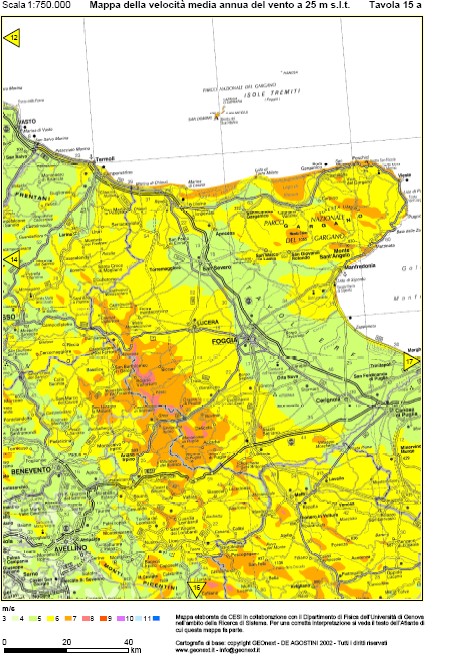 Mappa della velocità annua in Puglia a 25m dal livello del terreno.