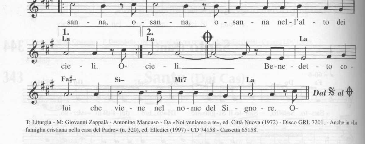 46) Santo (Gen Rosso) TT: San-to San-to, Sa-an-to! (Bis) C: Il Signore, Dio dell Universo, il Signore, Dio dell Universo: C+S: I cieli e la terra sono pieni della Tua Gloria.