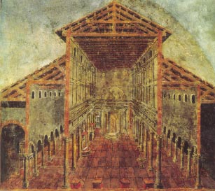 Ipotesi ricostruttive della antica Basilica di San Pietro a Roma fondata da Costantino: - navata centrale fiancheggiata da colonne