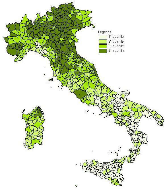 Tabella 3 - secondo i quartili del tasso di attività 2005 e ripartizione geografica Quartili 1 quartile 2 quartile 3 quartile 4 quartile Nord-ovest 2 9 48 55 114 Nord-est 1 4 26 88 119 Centro 5 32 65