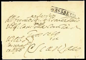 Grosseto, 13 aprile 1808 Lettera inviata in franchigia, come indicato dalla diagonale missiva franca non tassabile, dal Tribunale di Grosseto al Podestà di Campagnatico con ordine di sospensione di