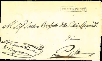 Lettera del Sottoprefetto del Circondario di Pisa, città politicamente dipendente da Livorno, che era sede di un sottoprefetto il quale aveva diritto alla franchigia postale per i territori soggetti