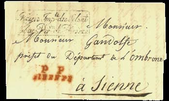 Durante il Periodo Dauchy il timbro di Porto Pagato venne impresso in colore rosso, sulle lettere con il porto assolto in partenza, obbligatorio per le lettere dirette ad autorità statali.
