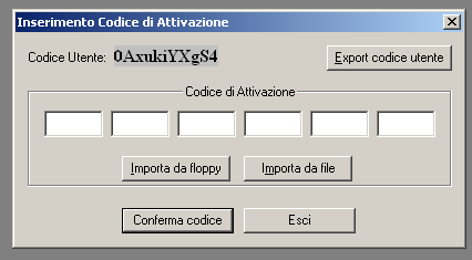 Attivazione LASERCU Il prodotto richiederà di essere attivato. Premendo OK e poi cliccando su Export codice utente, si creerà nella cartella di installazione utilizzata il file codiceutente.