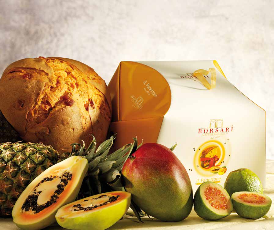 Gli Astucciati PANETTONE ESOTICO CON PEZZI DI ANANAS, MANGO, PAPAYA E GUAVA BASSO PANETTONE WITH EXOTIC FRUITS WITH DICED PINEAPPLE, MANGO, PAPAYA AND GUAVA LOW BAKED Codice - Prod. code 1003.163 Cod.