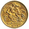 Zecca di Londra GIORGIO V (1911-1935) 2 Pounds, 1911 Oro g 15,95 28,5 inv. 600 D/ GEORGIVS V DEI GRA : BRITT : OMN : REX FID : DEF : IND : IMP : Testa barbata a s., sul taglio del collo B.M. R/ San Giorgio a cavallo a d.