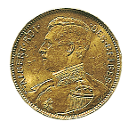 BELGIO ALBERTO I (1909-1934) Zecca di Bruxelles Franchi 20, 1914 Oro g 6,46 21 inv. 888 D/.ALBERT.ROI..DES.BELGES. Busto a s., a s. G.D.V R/ Stemma coronato, su manto reale, ai lati 20 F., in basso G.