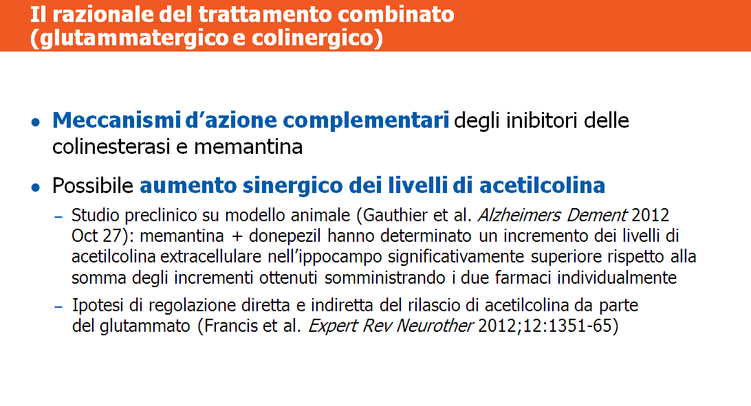 Il razionale su cui si fonda l approccio combinato al paziente affetto da AD si basa sui differenti meccanismi d azione degli anticolinesterasici e di memantina.