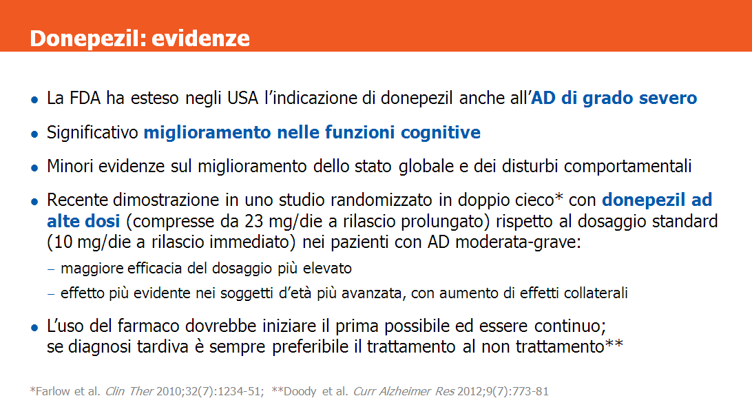 In seguito ai positivi risultati ottenuti in un trial clinico randomizzato su soggetti in fase avanzata di malattia la FDA ha poi esteso l indicazione di donepezil anche all AD di grado severo.