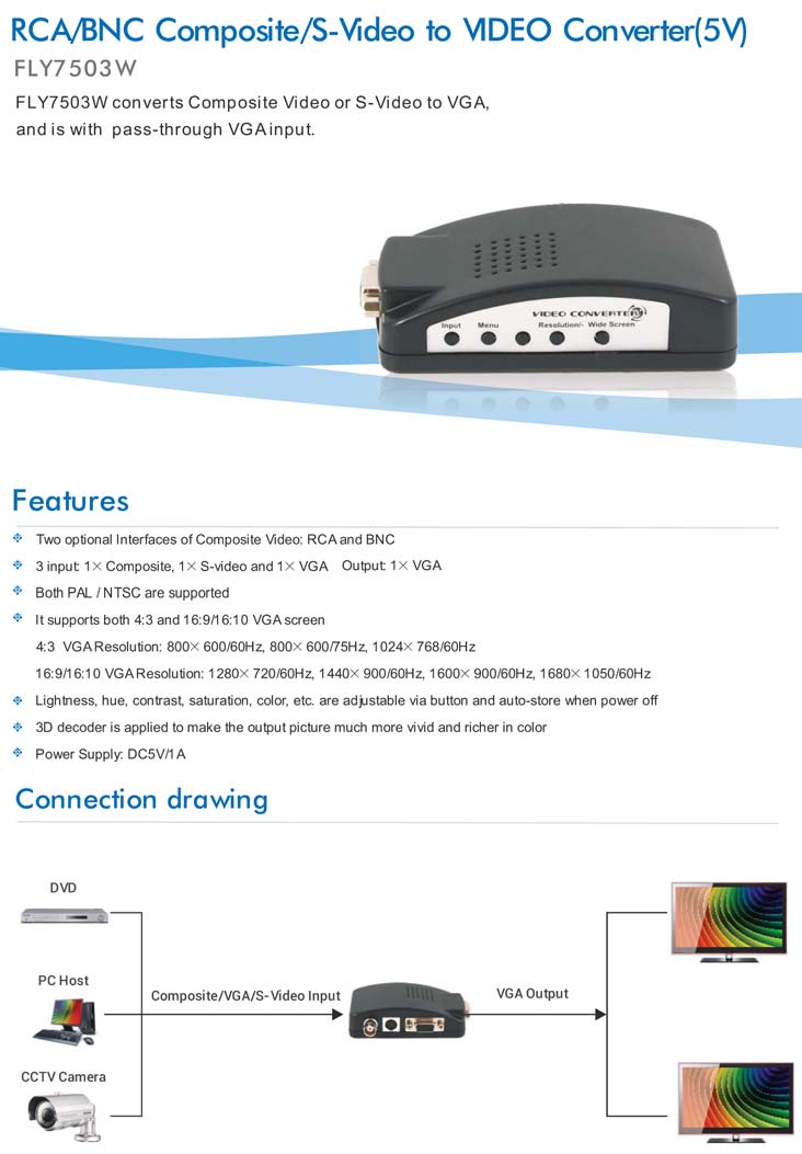 VIDEO Converter FLY-7503W Convertitore da Video composito/svideo/vga a VGA Ingressi: 1 - Video composito RCA 1 - SVideo 4 poli 1 - VGA Uscite: 1 - VGA Sistema: PAL/NTSC Auto Risoluzione uscita VGA: