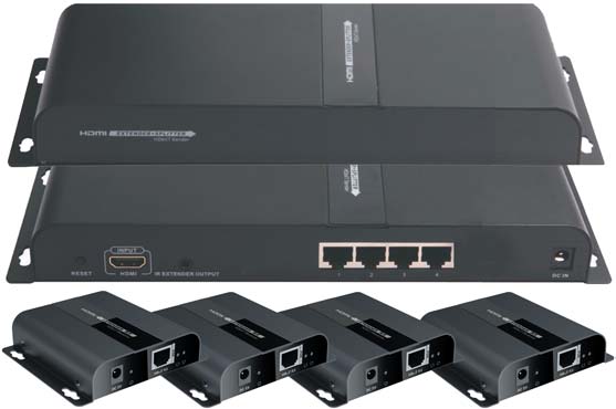 HDMI Splitter Extender LKV-314 HDBitT HDMI HDBitT Splitter/ExtenderTX/RX 1xIn - 4xOut con 4 Ricevitori Questo splitter con tecnologia HDbitT, distribuisce 1 sorgente HDMI a 4 uscite HDMI con cavo