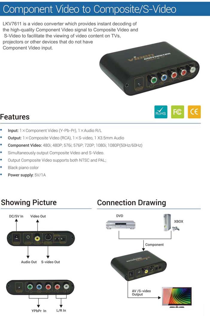 VIDEO Converter LKV-7611 Convertitore da YPbPr a Composito S-Video Risoluzione video in ingresso: 1080P/60, 1080P/50, 1080i/60, 1080i/50, 720P/60,720P/50, 576P, 480P, 576i, 480i.