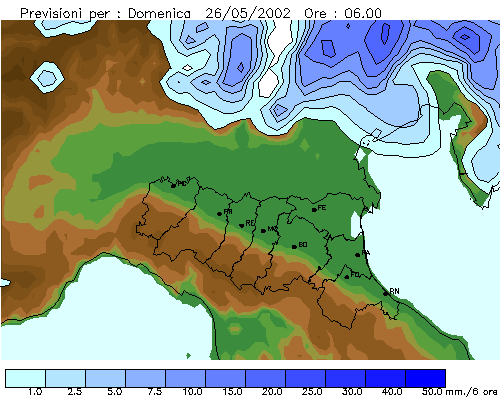 Preavviso e controllo degli eventi di piena previsioni meteorologiche diffuse in Internet da ARPA-SIM: intensità di precipitazione a 72 ore (3 giorni) con intervalli di 6 ore