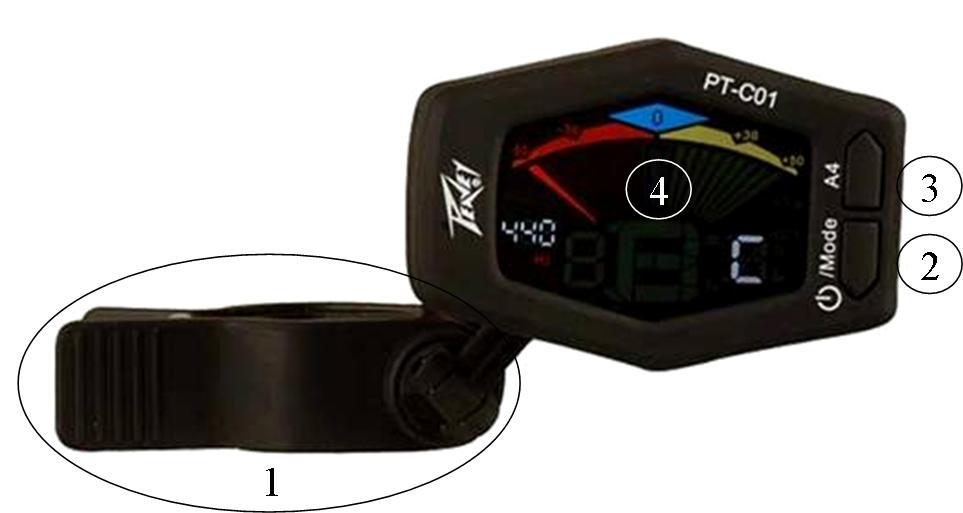 PT-C01 Tuner Accordatore digitale Cromatico per Chitarra/Basso/Violino/Ukulele Guida/Istruzioni prodotto 1 PINZA CON SENSORE Ti serve per posizionare l accordatore sulla paletta della tua, in modo da