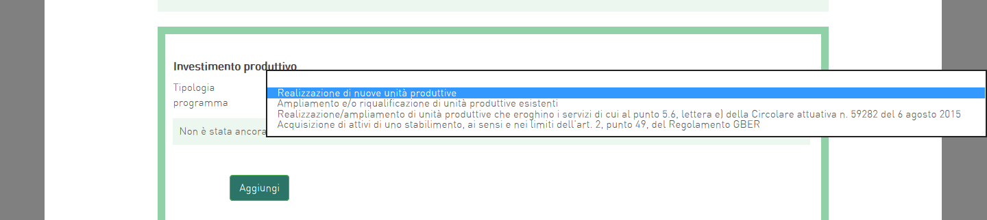 5. Investimento Dopo aver inserito la sintesi del programma, l utente dovrà cliccare su Conferma e visualizzerà la sezione relativa all Investimento.