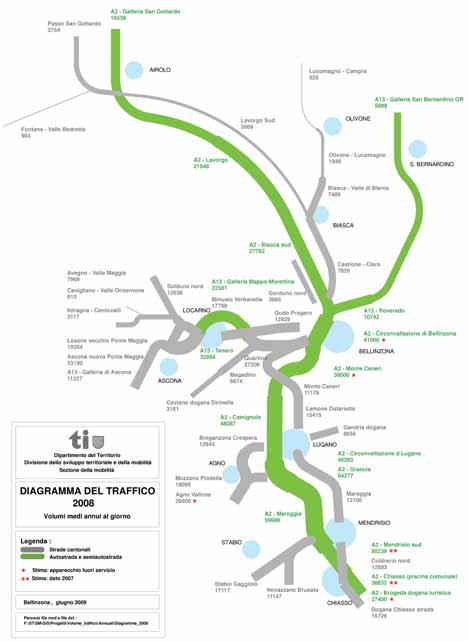 A Carico stradale in Ticino, nel 2008 Il traffico stradale Situazione 2008: quadro generale Per quel che concerne l autostrada A2 il maggior carico si riscontra tra Lugano e Mendrisio: a Grancia la