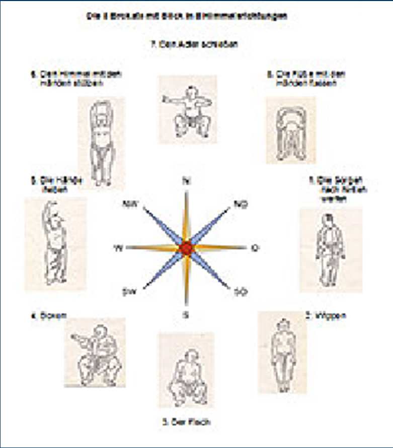 Queste sono le otto posizioni principali: 1. SHUANG SHOU TO T'IEN = reggere il cielo con due mani. 2. TSO YU K'AI KUNG = tirare con l'arco a sinistra e a destra. 3.
