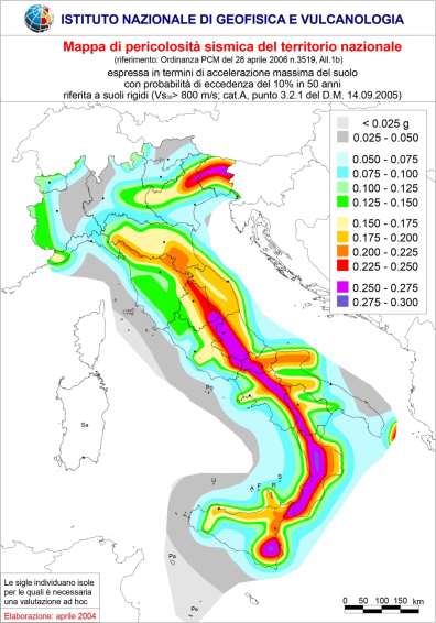 Mappa di pericolosità sismica OPCM 3519/2006 All. 1b Pericolosità sismica di riferimento per il territorio nazionale Mappa di ag con P ecc del 10% in 50 anni Curve di livello con passo 0.