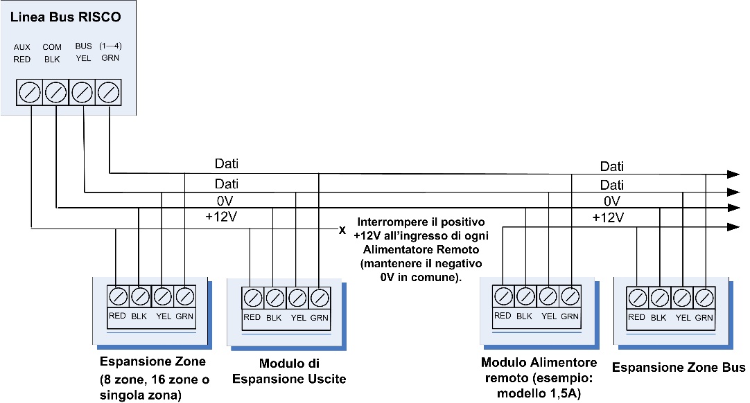 Collegamento delle espansioni cablate su linea BUS Quanto segue mostra i diversi tipi di moduli e di espansione che possono essere installati sulla linea Bus RISCO (sono tutti dispositivi Bus).