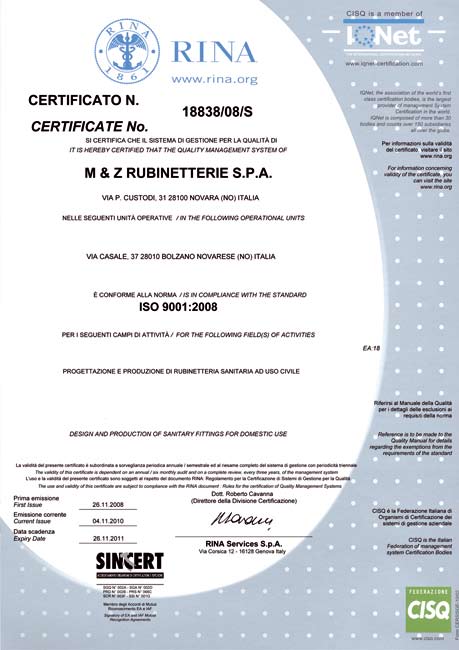 certificazioni Nell ottobre 1999 M&Z spa si è certificata ISO 9001:2000 presso l Ente di certificazione RINA da cui ha anche ottenuto il successivo rinnovo nel 2008 (certificato corrente n