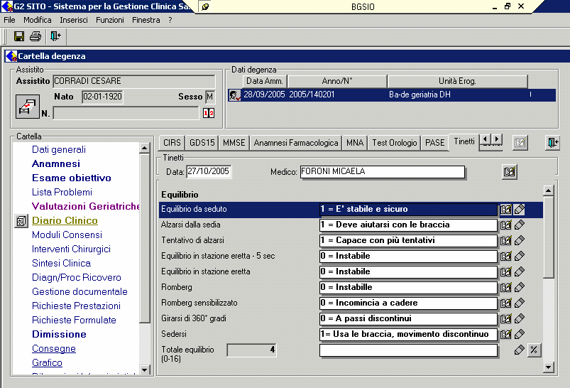 Tinetti Test Cartella clinica informatizzata in uso del Nuovo