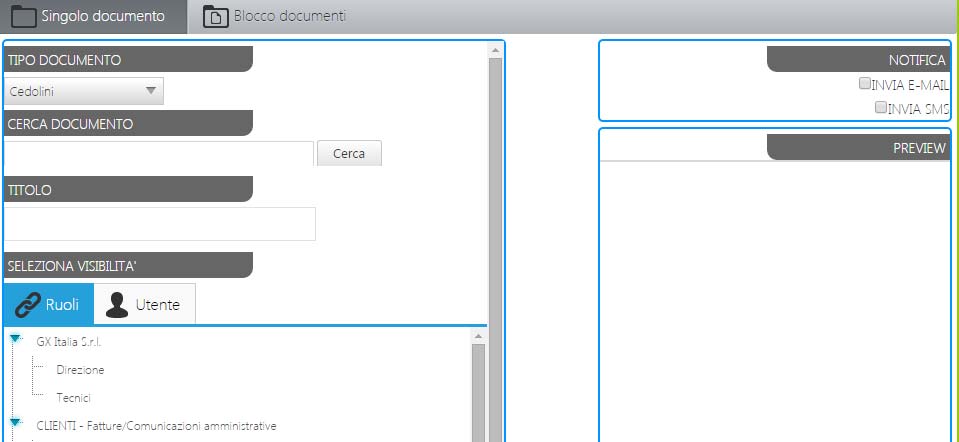DOCUMENTI Cliccando su documenti, l amministratore viene riportato alla schermata iniziale, dalla quale può inserire: - Un singolo file da