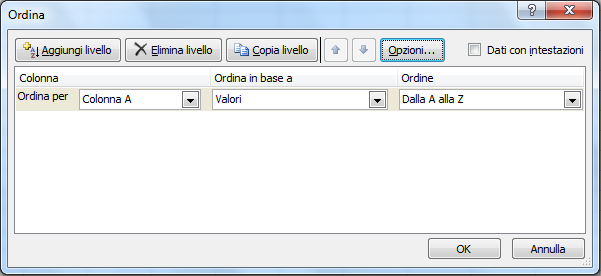 Lavorare con i dati Altre funzioni utili Ordinare un insieme di celle Per ordinare un insieme di celle selezionare l insieme di celle da ordinare cliccare sul pulsante Ordinamento Crescente