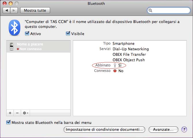 18 La schermata del programma Bluetooth sul Mac mostra che