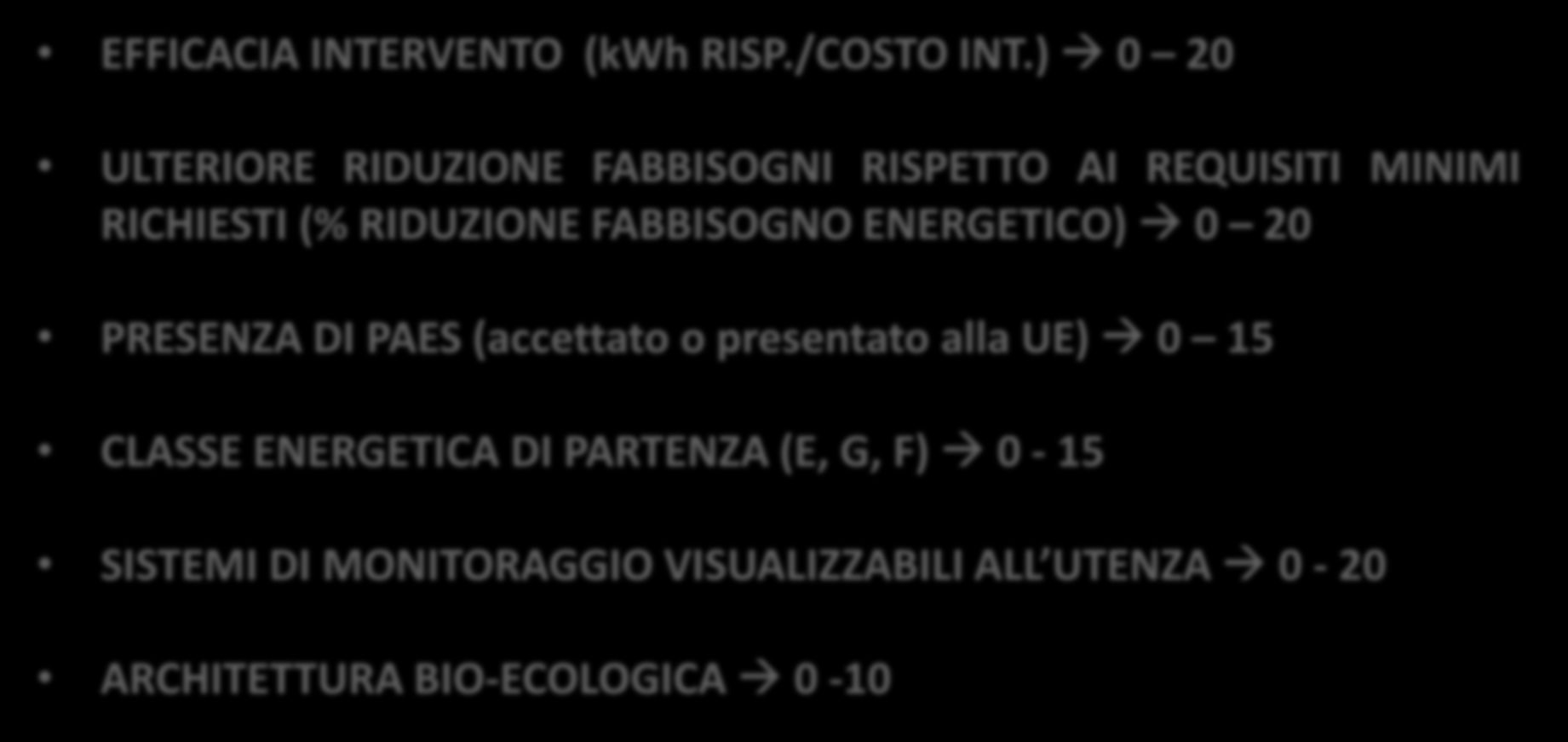 Il bando «FREE»: criteri di valutazione interventi EFFICACIA INTERVENTO (kwh RISP./COSTO INT.