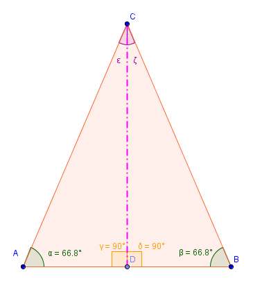 Considerazione sul triangolo isoscele Consideriamo il seguente triangolo isoscele Gli angoli alla base saranno uguali e così i lati AC e BC Tracciamo l altezzal I triangoli CDB e CAD saranno uguali