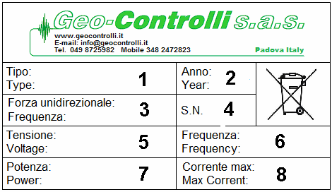 MARCATURA - RICHIESTA ASSISTENZA La vibrodina prodotta dalla Geo-Controlli s.a.s è fornita con la targa sotto raffigurata ed è applicata sul carter di protezione dell'unità vibrante e sulla centralina di controllo di potenza.