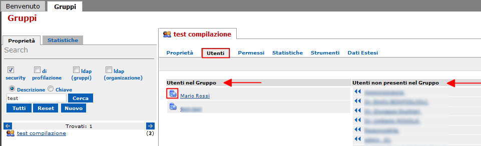 Inserire nuovi utenti nel gruppo: dopo aver selezionato dalla parte sinistra della schermata il nome del gruppo al quale si desiderano aggiungere degli utenti, cliccare sul tab Utenti si