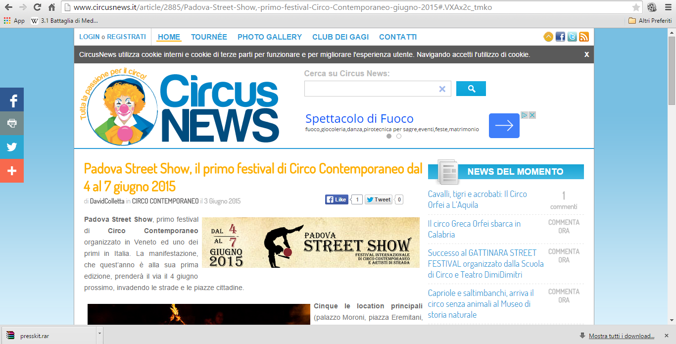 Circus News, 04/06/2015 http://www.circusnews.it/article/2885/padova-street-show,-primo-festival-circo-contemporaneo-giugno- 2015#.