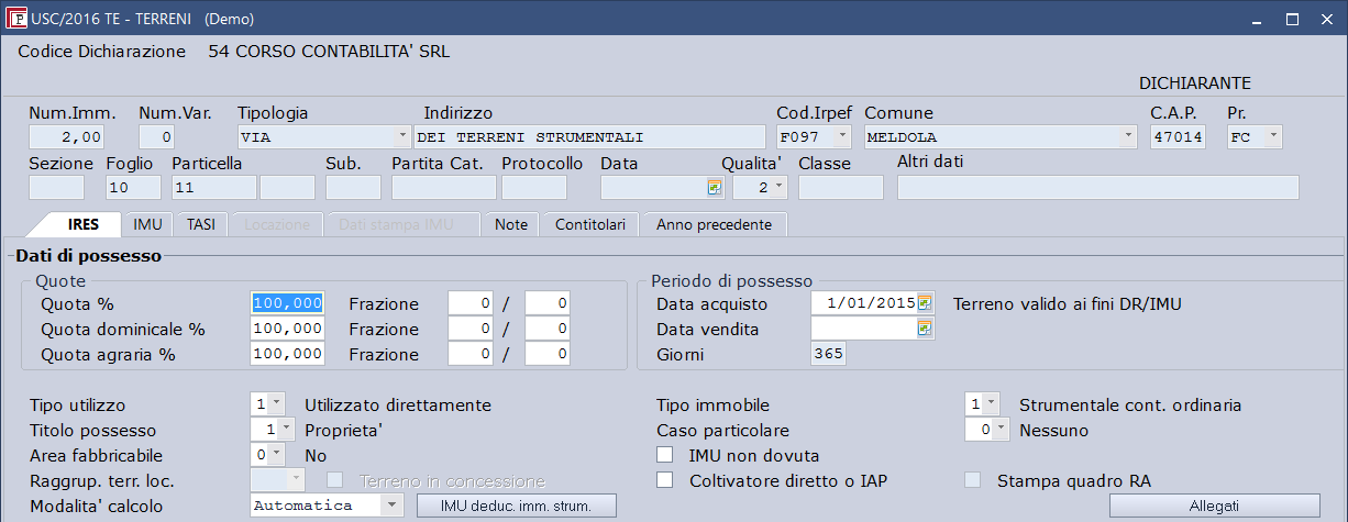 Dal tab IRES verificare le variazioni in aumento relative agli immobili NON strumentali In uscita dal quadro Fabbricati vengono riepilogate le variazioni fiscali da riportare nel quadro di reddito