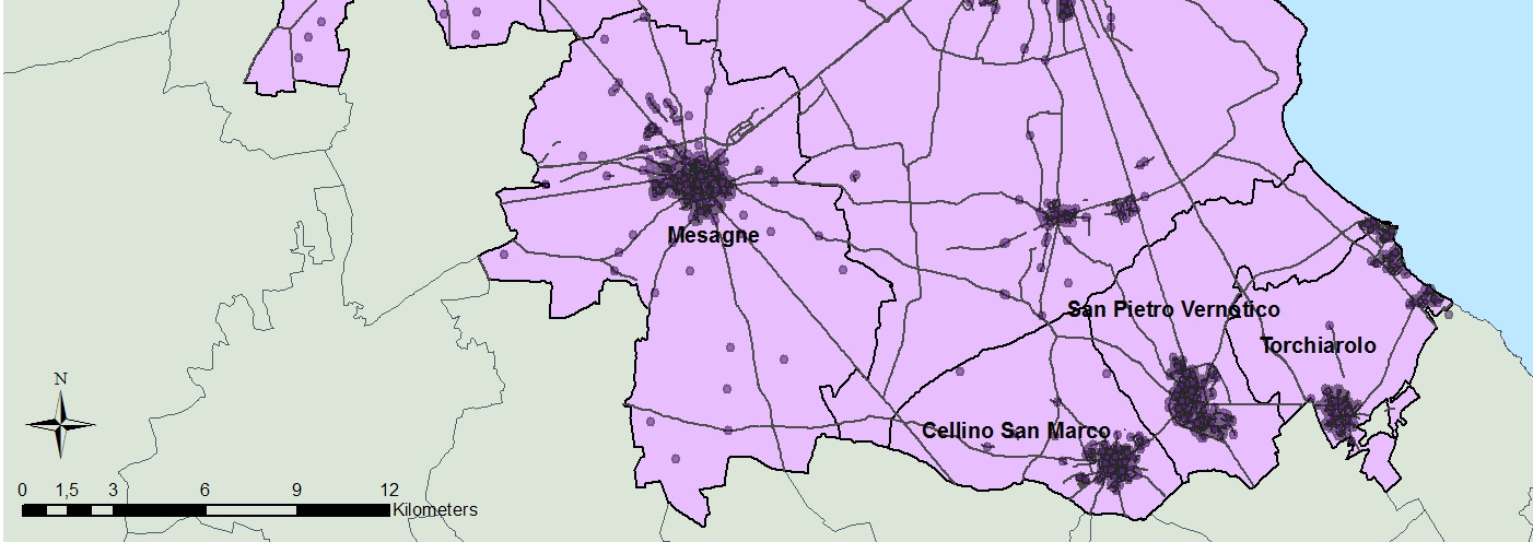 Figura 5 Distribuzione geografica della coorte dei residenti nell area di Brindisi. Il 98% degli indirizzi della coorte è stato correttamente geocodificato.
