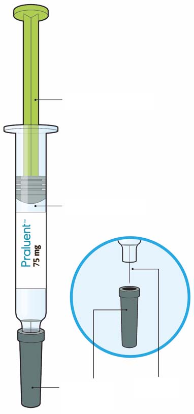 Praluent 75 mg soluzione iniettabile in siringa pre-riempita alirocumab Istruzioni per l uso Le parti della siringa Praluent sono illustrate in questa immagine.