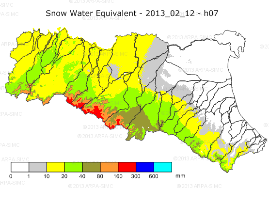 6 μ)] La neve, se presente, appare azzurra. Colore simile può interessare anche formazioni nuvolose caratterizzate da ghiaccio. Le nubi appaiono in bianco.