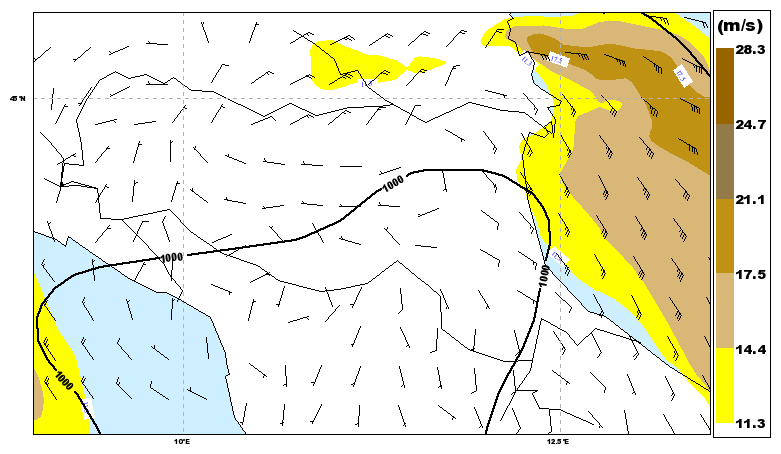 Figura 18 Previsione del vento a 10 metri da modello COSMO per il giorno 11 febbraio 2013 ore 21 UTC.
