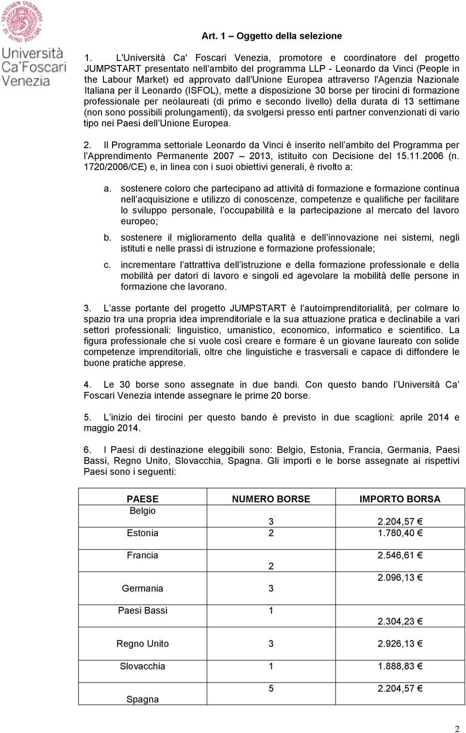 Europea attraverso l'agenzia Nazionale Italiana per il Leonardo (ISFOL), mette a disposizione 30 borse per tirocini di formazione professionale per neolaureati (di primo e secondo livello) della