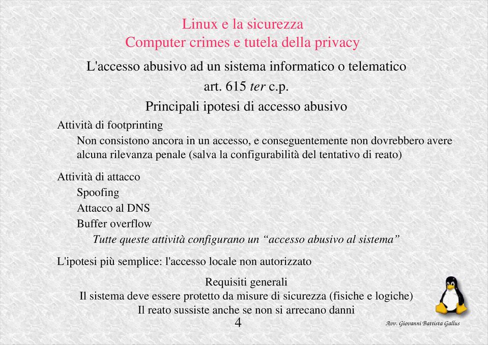 rilevanza penale (salva la configurabilità del tentativo di reato) Attività di attacco Spoofing Attacco al DNS Buffer overflow Tutte queste attività