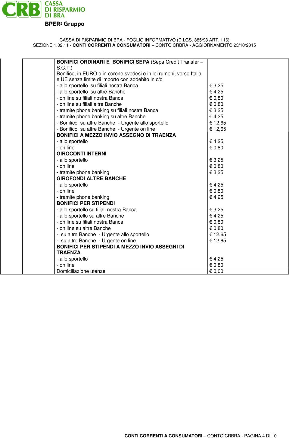 ) Bonifico, in EURO o in corone svedesi o in lei rumeni, verso Italia e UE senza limite di importo con addebito in c/c - allo sportello su filiali nostra Banca 3,25 - allo sportello su altre Banche