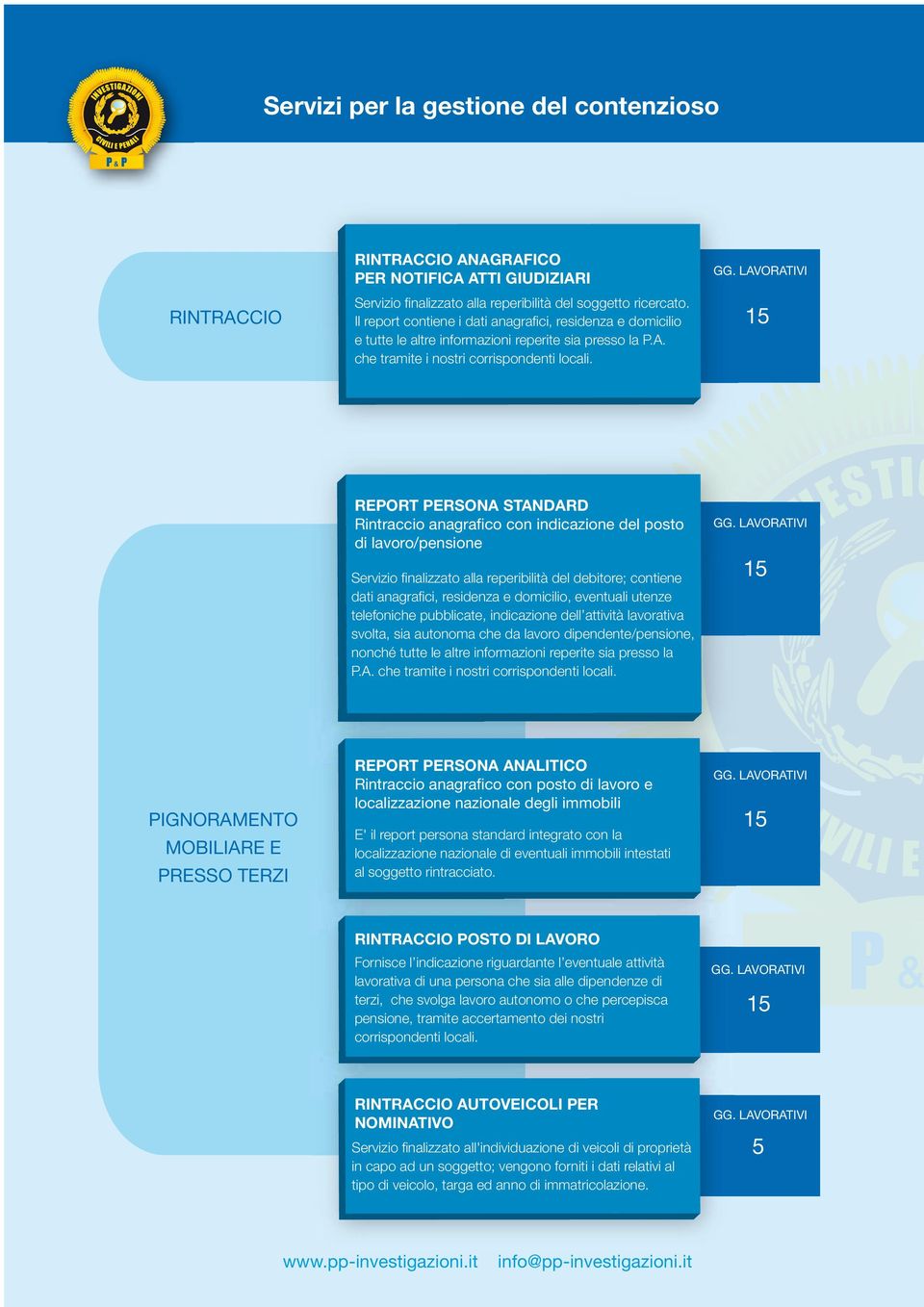 REPORT PERSONA STANDARD Rintraccio anagrafico con indicazione del posto di lavoro/pensione Servizio finalizzato alla reperibilità del debitore; contiene dati anagrafici, residenza e domicilio,